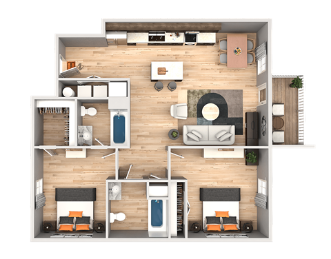 Floor plan for 2 beds, 2 baths, 1024 sqft